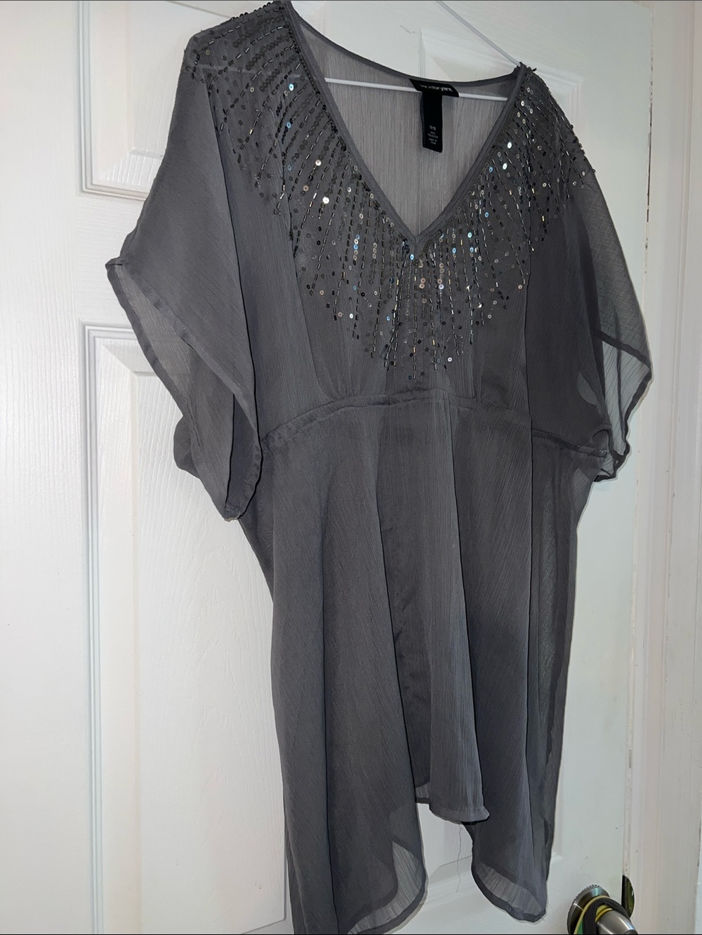 Sheer Beaded V-Neck Tunic Top in Gray